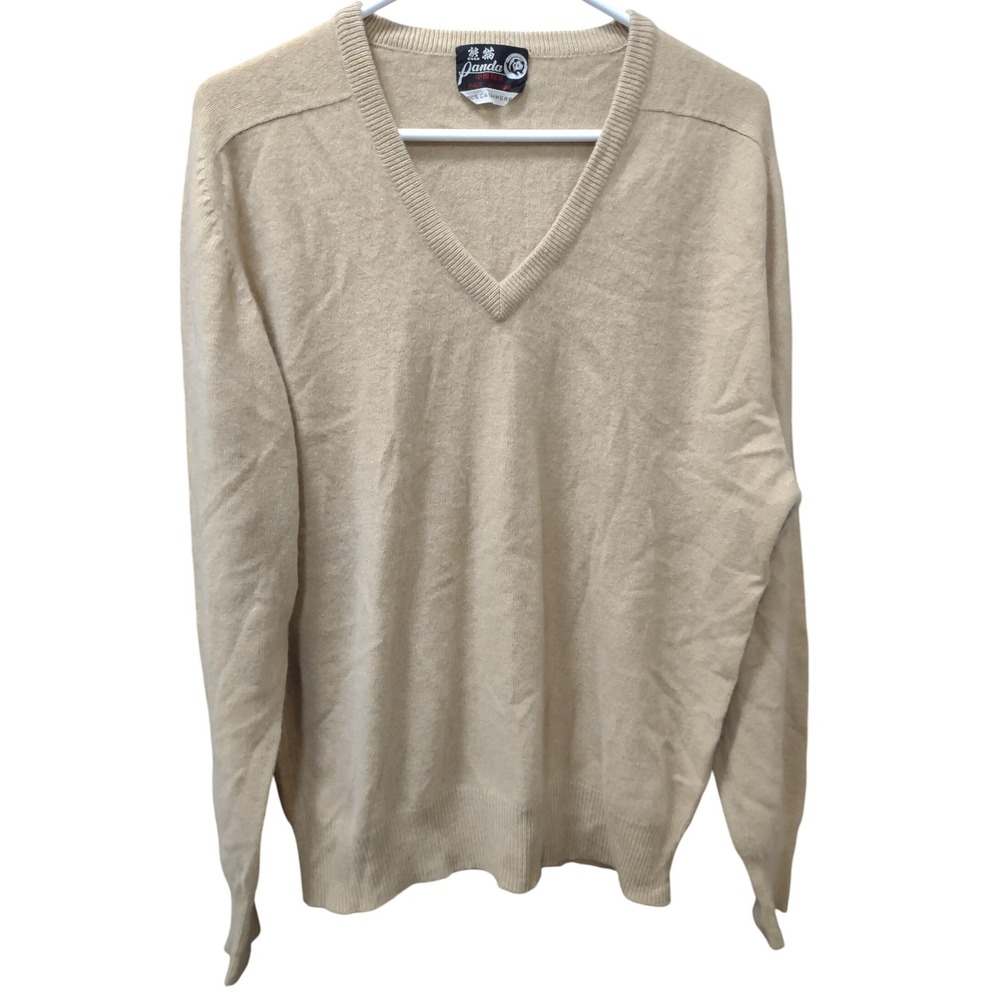 Panda 100% Cashmere V Neck Sweater Mens XL Extra Large Beige Knitwear‎